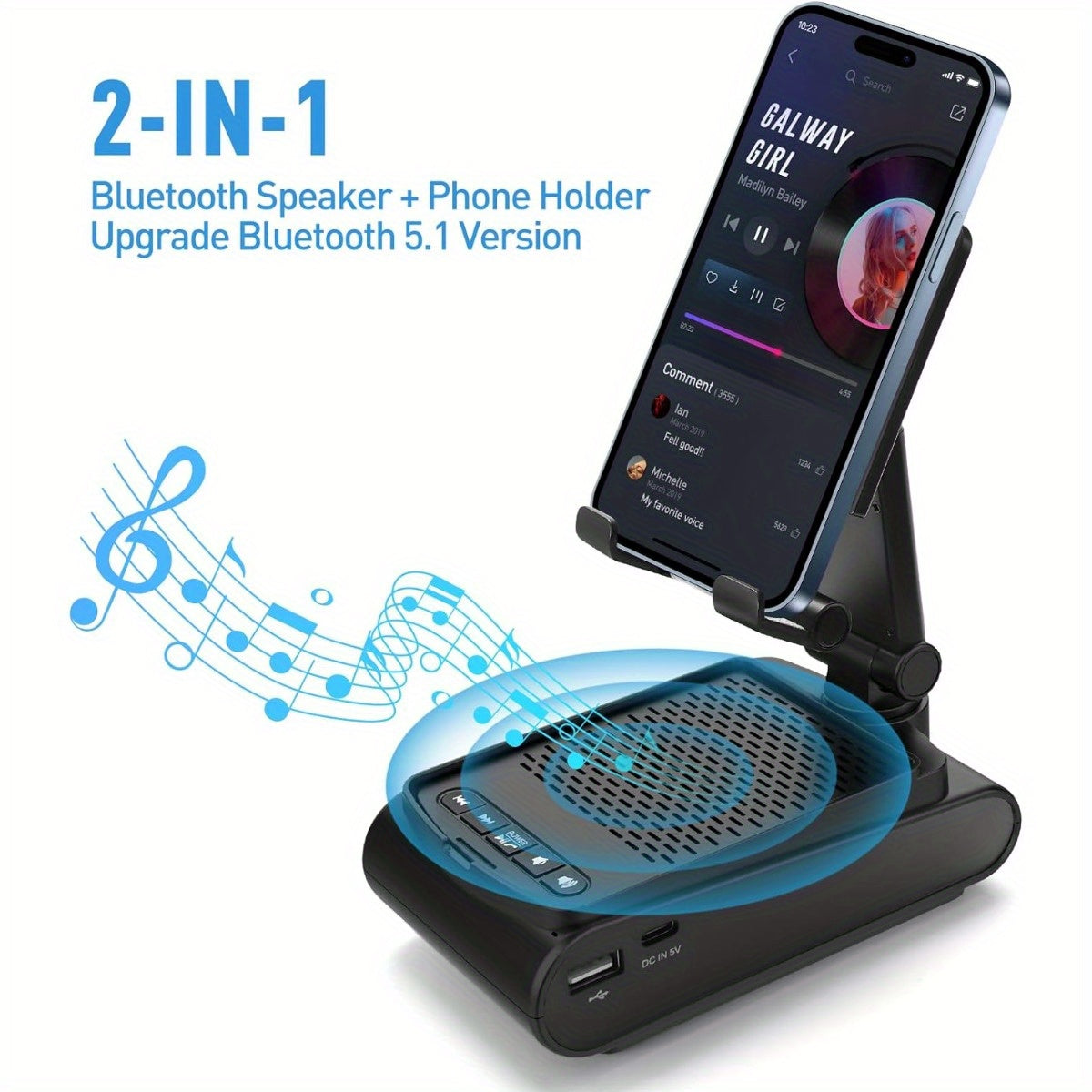 Kabelloser Stereo‑Lautsprecher mit Handyhalter und HD Surround Sound, USB, ≤36V, Polymer‑Akku