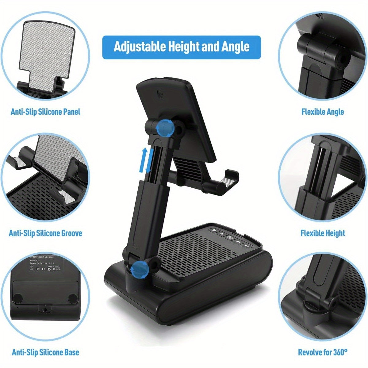 Kabelloser Stereo‑Lautsprecher mit Handyhalter und HD Surround Sound, USB, ≤36V, Polymer‑Akku