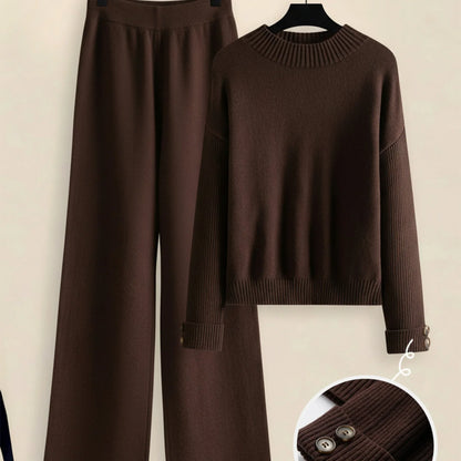 Damen Zweiteiler-Set mit Seitenstreifen – Rundhals Pullover & Gerade Hose, Weiche Freizeitkleidung für Herbst & Winter - FUXLShop