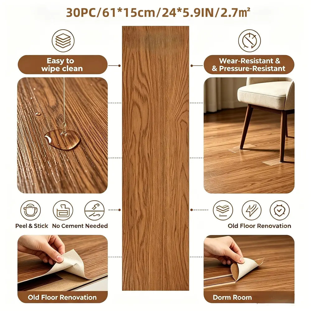 Selbstklebende Bodenplatten Holzoptik – 30 Stk. (2,7 m²), Zuschneidbar, PVC 1 mm – FUXLShop