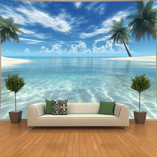 Großer tropischer Strand-Wandteppich – 2D Wandbild mit Palmen & klarem Wasser, inkl. Zubehör, ideal für Schlafzimmer & Wohnzimmer, Strand-Deko