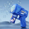 Blaue elektrische bubble gun aus plastik mit seifenblasenmaschine led und astronauten-design für kinder ab 3