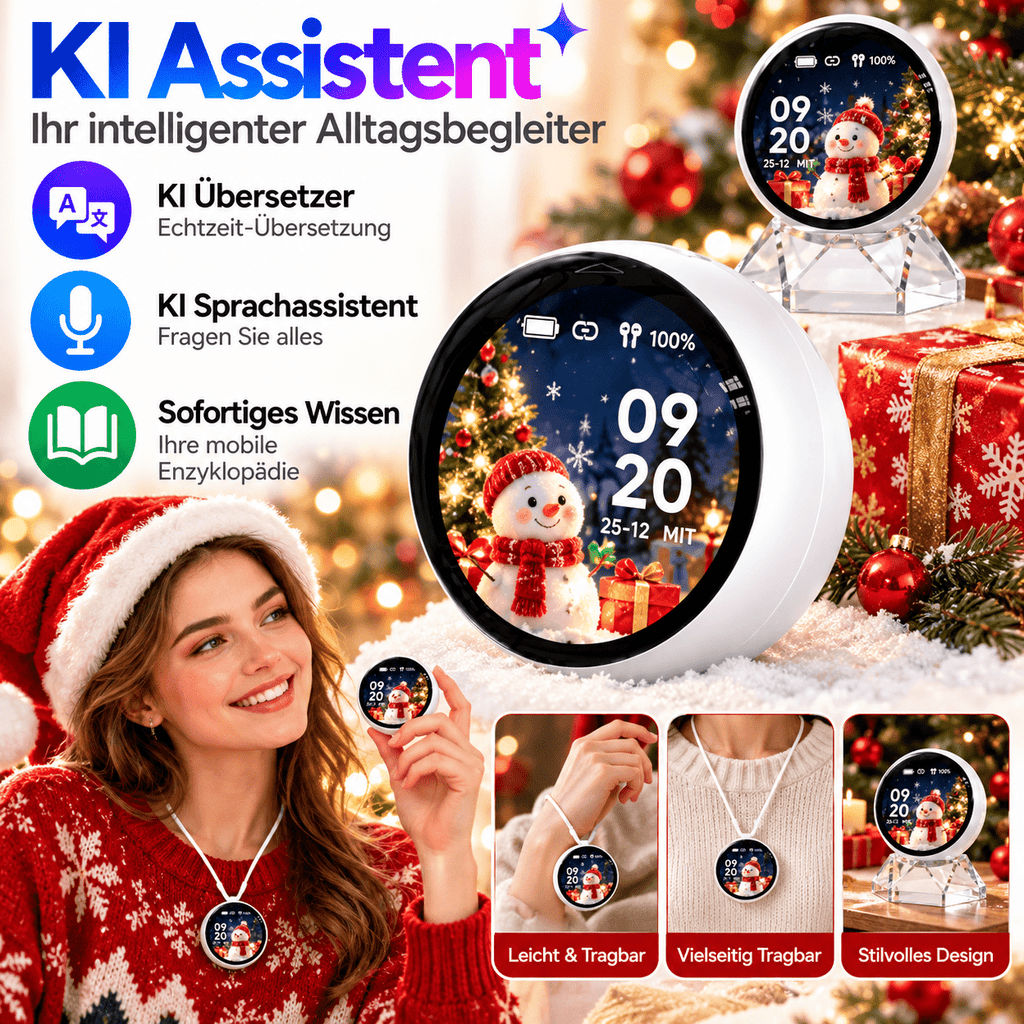 KI-Begleiter mit Uhrzeit und Weihnachtsmotiv im runden Display sowie Beispielen für Trageschlaufe und Ständer