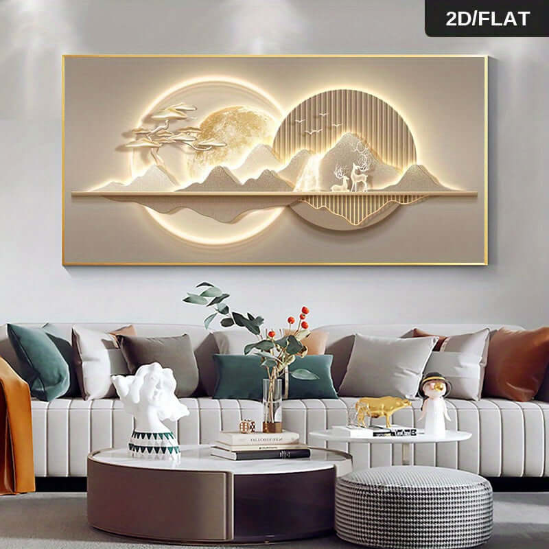 Modernes abstraktes Leinwandbild – Goldene Mondlandschaft, minimalistisches Design, Beige & Gold, rahmenlos, für Wohnzimmer & Schlafzimmer