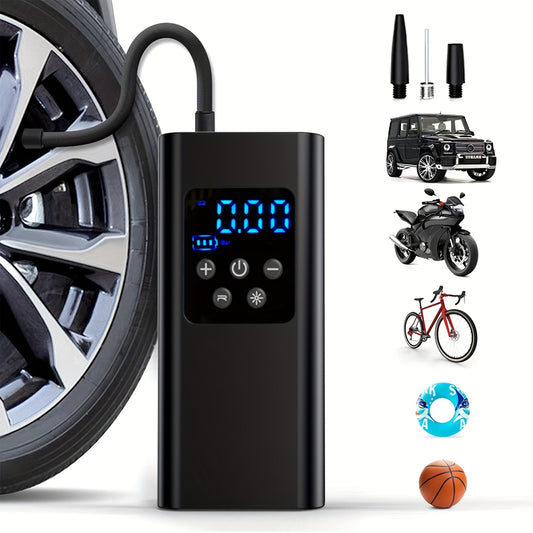 Tragbarer Luftkompressor mit 3 Akkus, LCD-Display, LED-Licht & SOS-Modus – Ideal für Auto, Motorrad & Fahrrad – Wiederaufladbar & kompakt