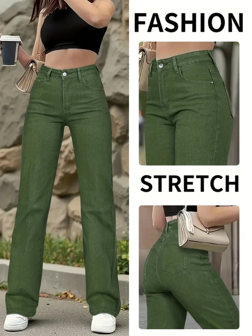 Army Green Stretch-Jeans – Straight Leg, High Waist, Casual Fit - FUXLShop