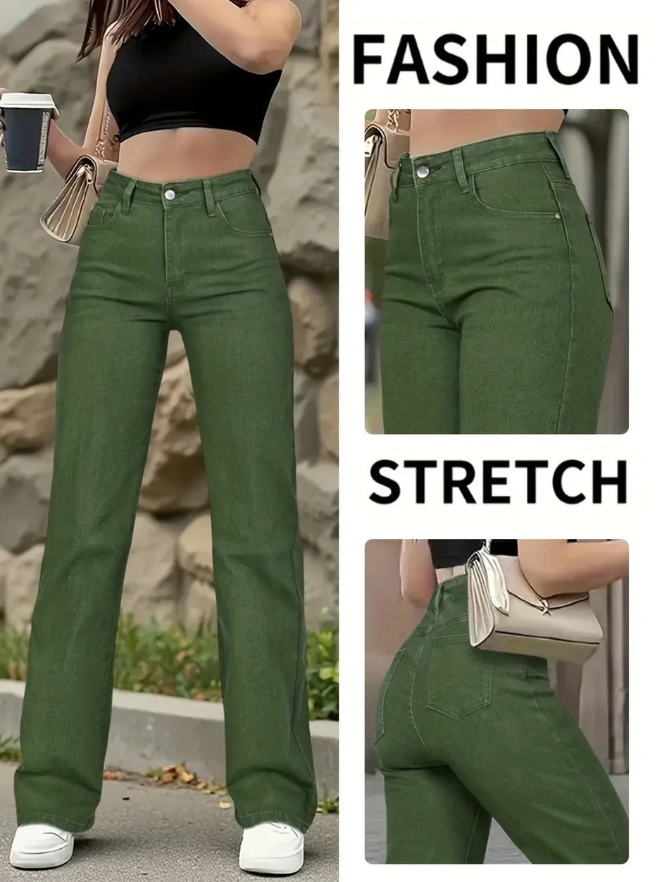 Army Green Stretch-Jeans – Straight Leg, High Waist, Casual Fit - FUXLShop