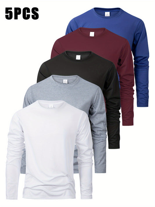 5er-Pack Herren Langarmshirts – Einfarbig, Rundhals, leicht & bequem, ideal für Alltag, Sport & alle Jahreszeiten, in Weiß, Grau, Schwarz, Bordeaux & Navy