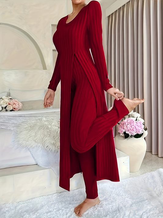 1 Clothes 1 Pants Casual Loose Long Sleeve Dress & Pants Set – Soft Fleece, 3D Stripe Design, hoher Schlitz, Crew Neck, bequem für Alltag & Zuhause