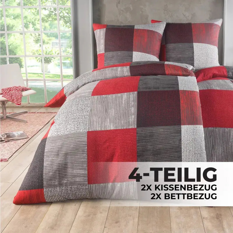 Rotes grau weißes patchwork bettwäsche-set 135x200 4-teilig aus texturiertem stoff, allergikerfreundlich und hochwertig