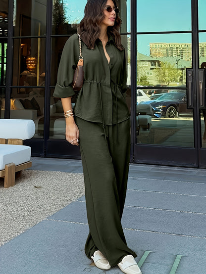 Damen Zweiteiler Set – Langarm Oberteil mit Kragen & Weite Hose mit Gummibund