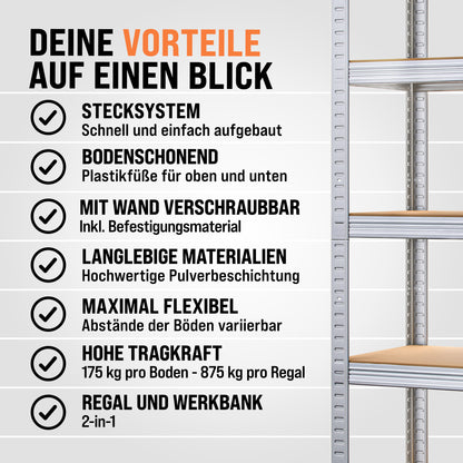 2X Schwerlastregal 180x90x40cm | 1750kg Traglast | 10 MDF-Böden | Kellerregal | Werkstattregal | Metallregal | Modular | Silbern