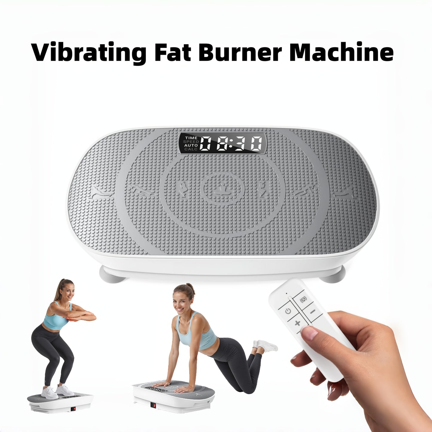 Frauen Vibrationsplatte – kompakte weiße Fitnessplattform mit LED-Display, Fernbedienung und rutschfestem Silikonpad für leises Ganzkörpertraining, Muskelstraffung und Core-Stärkung zuhause.
