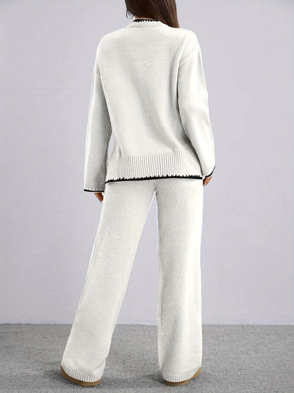 Zweiteiler Damen ZD0505906 – Elegantes Set mit Rundhals Pullover & Hose, Kontrastdesign, Frühling bis Winter