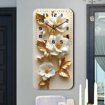 Wanduhr Holz mit Kristall - Weiße Magnolien & Goldene Blätter - Lautlos 19x38cm - FUXLShop