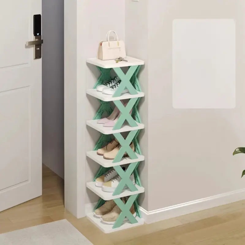 Mintgrünes und weißes schuhregal freistehend mit x-förmigem design aus kunststoff etagen schmal platzsparend