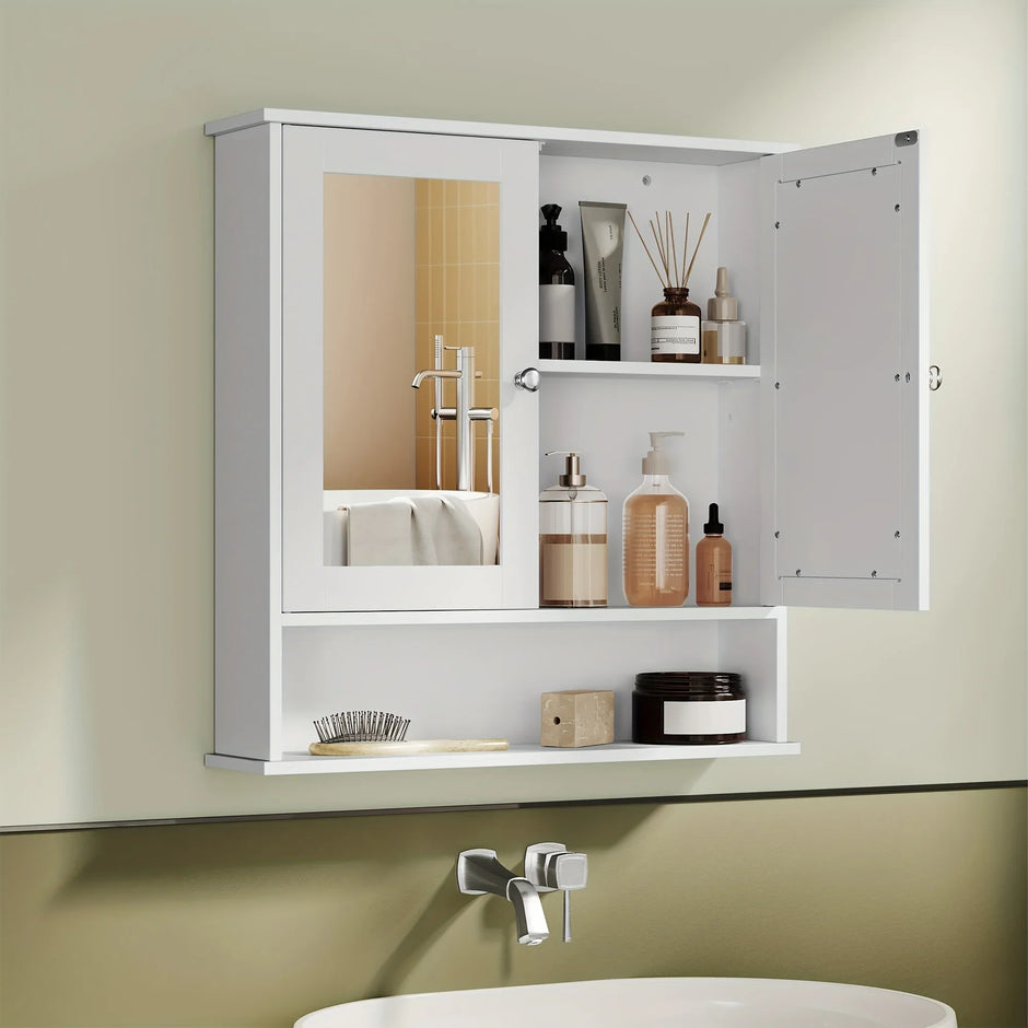 Badezimmer Spiegelschrank Weiß Vintage - Wandschrank mit 2 Türen & Regal
