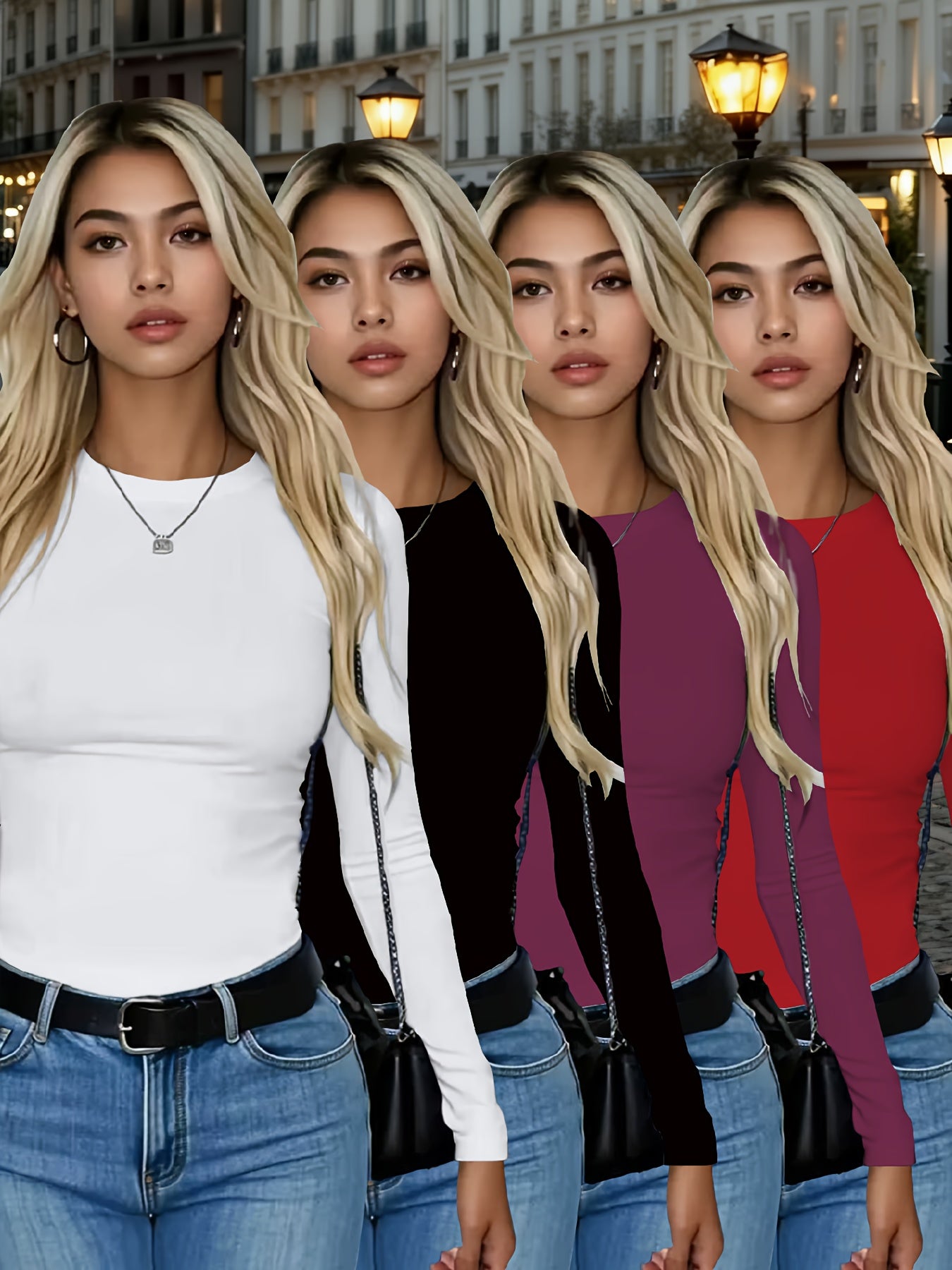 4er-Pack Damen Langarmshirts Rundhals – Stretch Basic-Tops Uni-Farben