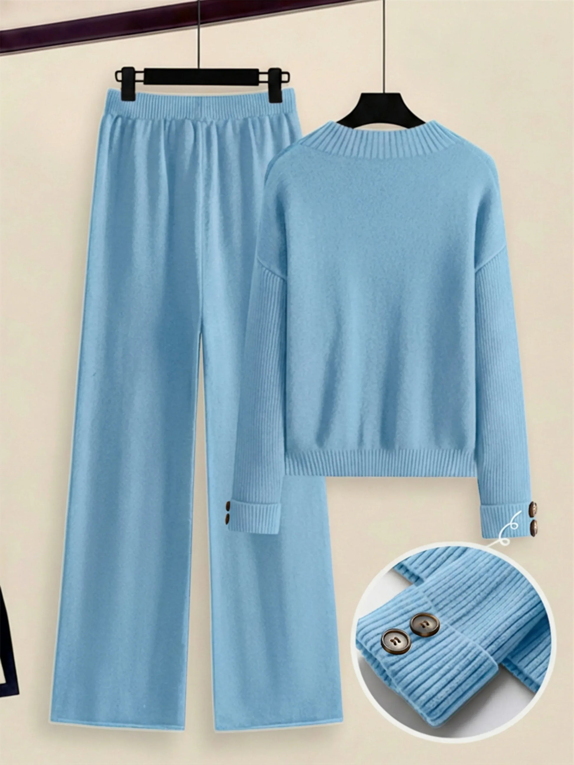 Damen Zweiteiler-Set mit Seitenstreifen – Rundhals Pullover & Gerade Hose, Weiche Freizeitkleidung für Herbst & Winter - FUXLShop