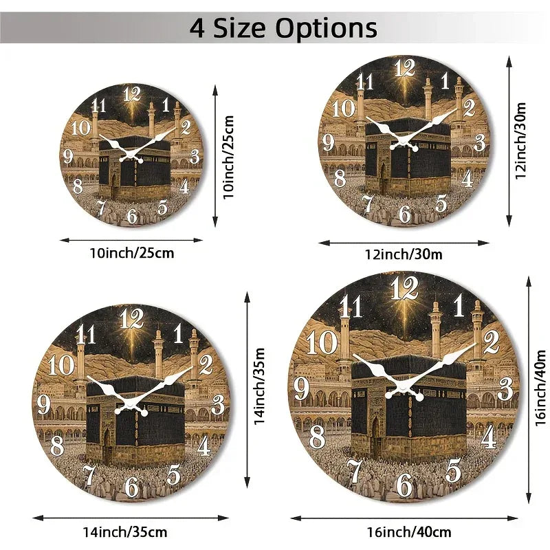 Islamische Wanduhr Kaaba-Design – Lautlos Holz Rund 25-40cm für Wohnzimmer & Schlafzimmer - FUXLShop