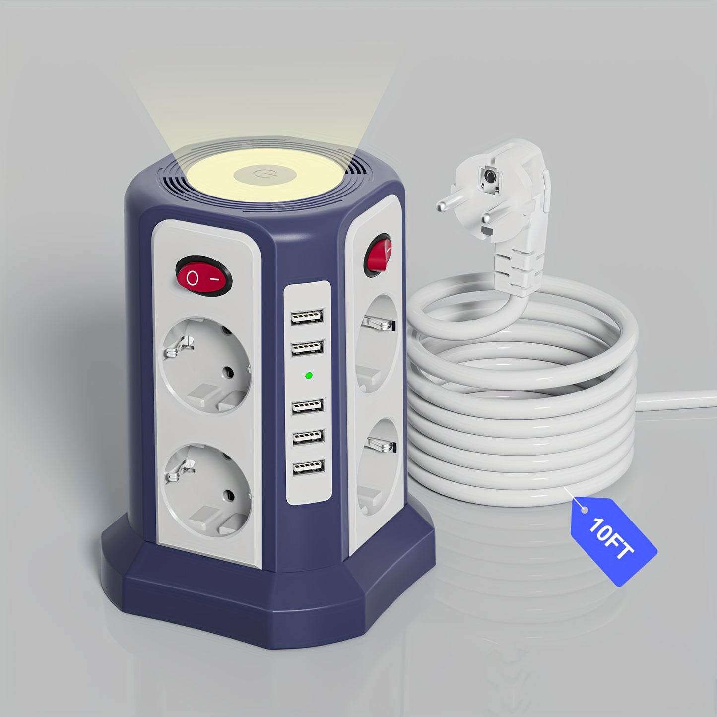 Diese 13 - in - 1 Steckdosenleiste bietet 3 Meter Kabellänge, 5 USB - A - Anschlüsse, 8 AC - Steckdosen, 4 unabhängige Schalter und ein sanftes, einstellbares Nachtlicht – perfekt für Büro, Homeoffice und Haushalt. - FUXL - Shopify