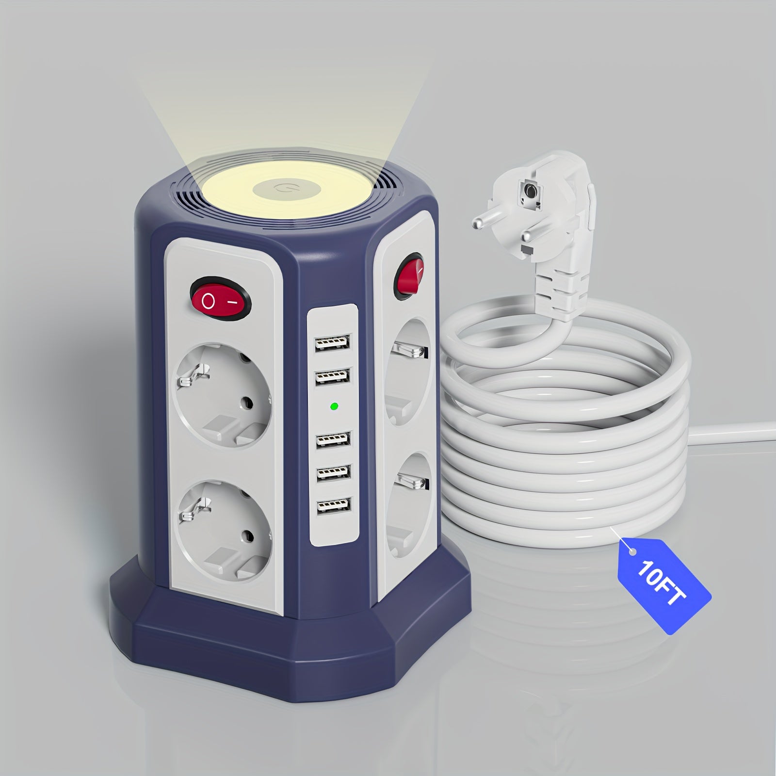 Diese 13 - in - 1 Steckdosenleiste bietet 3 Meter Kabellänge, 5 USB - A - Anschlüsse, 8 AC - Steckdosen, 4 unabhängige Schalter und ein sanftes, einstellbares Nachtlicht – perfekt für Büro, Homeoffice und Haushalt. - FUXL - Shopify