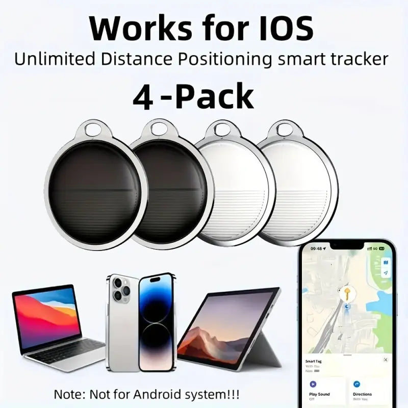 Silberne und schwarze kreisförmige smart tracker tags mit minimalistischem design für apple ios geräte