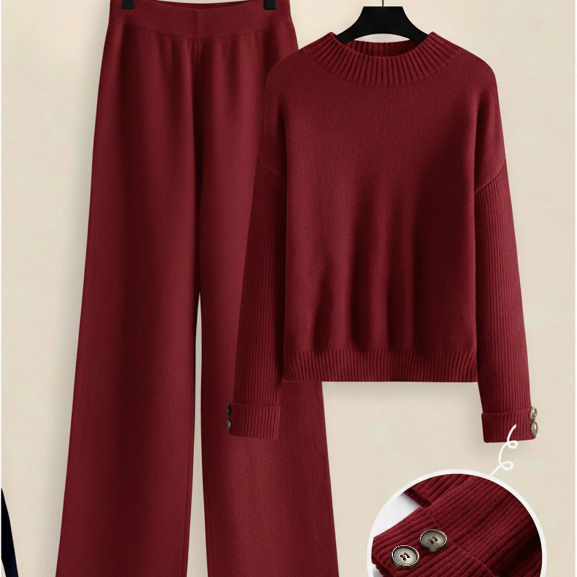 Damen Zweiteiler-Set mit Seitenstreifen – Rundhals Pullover & Gerade Hose, Weiche Freizeitkleidung für Herbst & Winter - FUXLShop