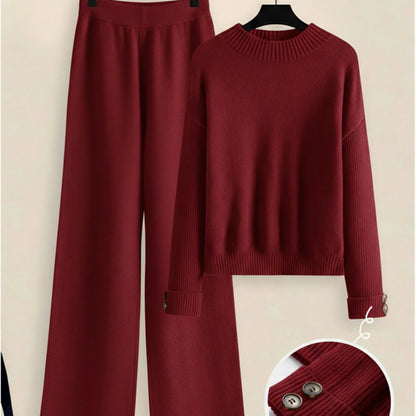 Damen Zweiteiler-Set mit Seitenstreifen – Rundhals Pullover & Gerade Hose, Weiche Freizeitkleidung für Herbst & Winter - FUXLShop