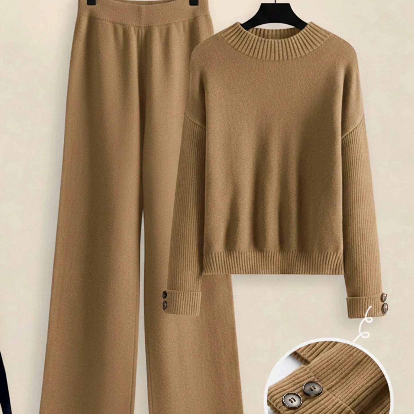 Damen Zweiteiler-Set mit Seitenstreifen – Rundhals Pullover & Gerade Hose, Weiche Freizeitkleidung für Herbst & Winter - FUXLShop
