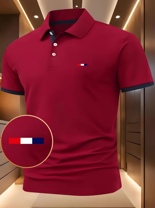 Herren -Shirt Rot mit weiß-blauem Muster – Kurzarm, Knopfkragen, leicht dehnbar, ideal für Sommer & Freizeit
