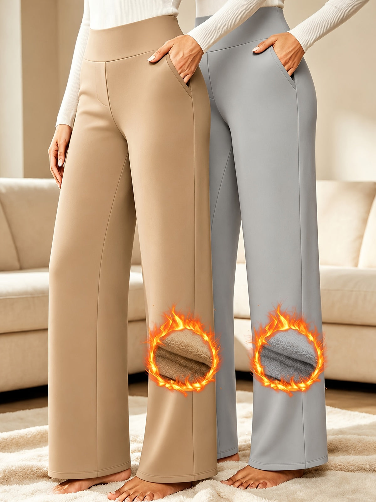 Kaffeebraune und graue Damen-Winterhosen mit hohem Bund, weitem Bein und Seitentaschen