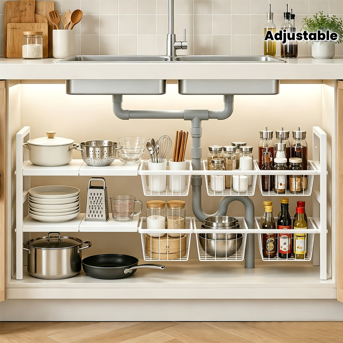 Unter-Spülen-Organizer 2-stöckig ausziehbar 52–97 cm – 4 Tabletts & 6 Drahtkörbe, Metall