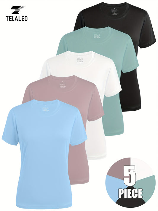 TELALEO 5er-Pack Damen T-Shirts – atmungsaktiv, schweißabsorbierend, Rundhals, einfarbig, ideal für Alltag, Sport & Freizeit – Frühling bis Herbst