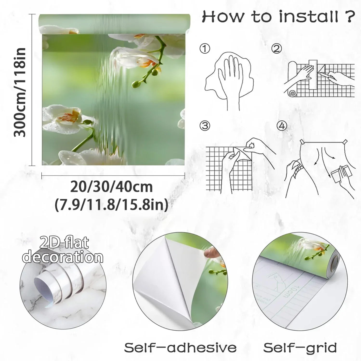 Selbstklebende Vinyl-Tapete Wasser & Blumen (20-40cm x 3m) – Abziehen & Aufkleben für Fenster, Schränke & Arbeitsplatten - FUXLShop