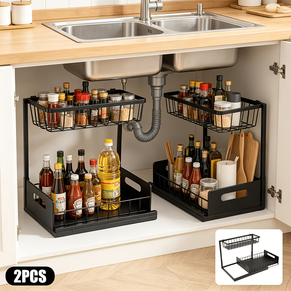 2er-Set Unterschrank Organizer Ausziehbar – 2 Ebenen, Metall, Schwarz