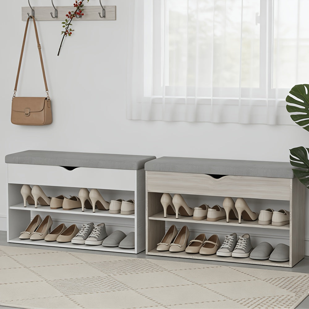 Schuhbank mit gepolsterter Sitzfläche und Aufbewahrungsbox – 3-stufiges Schuhregal für den Flur, Grau oder Weiß