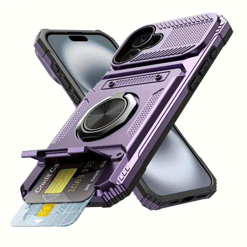 Lila stoßfeste handyhülle mit schwarzem metallhalter und dual-kartenslot, heavy duty für iphone 11 bis 17 pro max, online bestellen