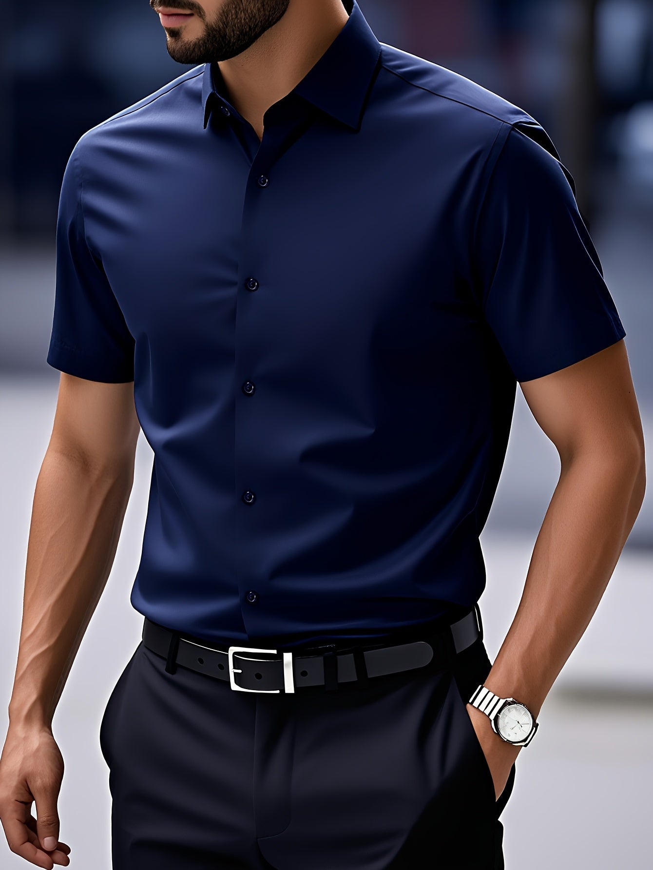 Herren Business-Freizeithemd – Kurzarm, Weiß, Pflegeleicht, Knopfverschluss, klassischer Schnitt, ideal für Büro & Alltag, glatte Struktur