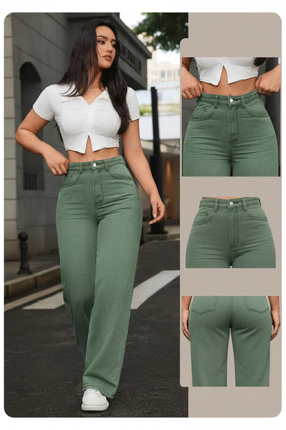 Damen High-Waist Wide-Leg Jeans – Stretch, Army Green, Casual - FUXLShop