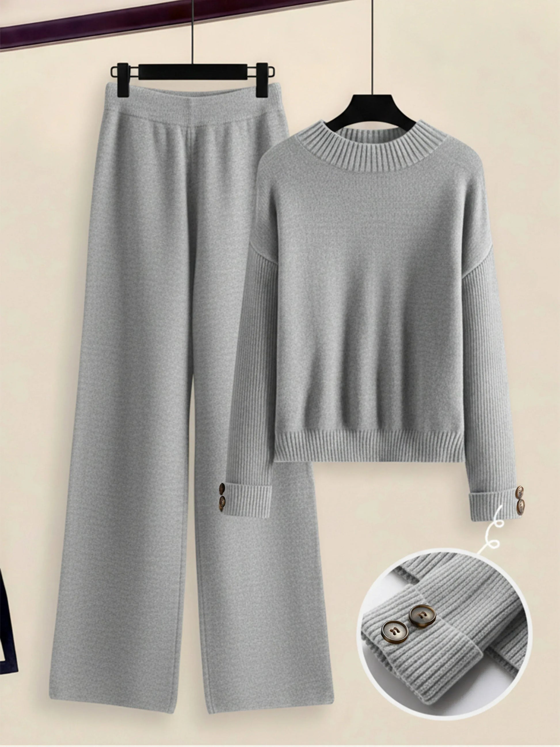 Damen Zweiteiler-Set mit Seitenstreifen – Rundhals Pullover & Gerade Hose, Weiche Freizeitkleidung für Herbst & Winter - FUXLShop