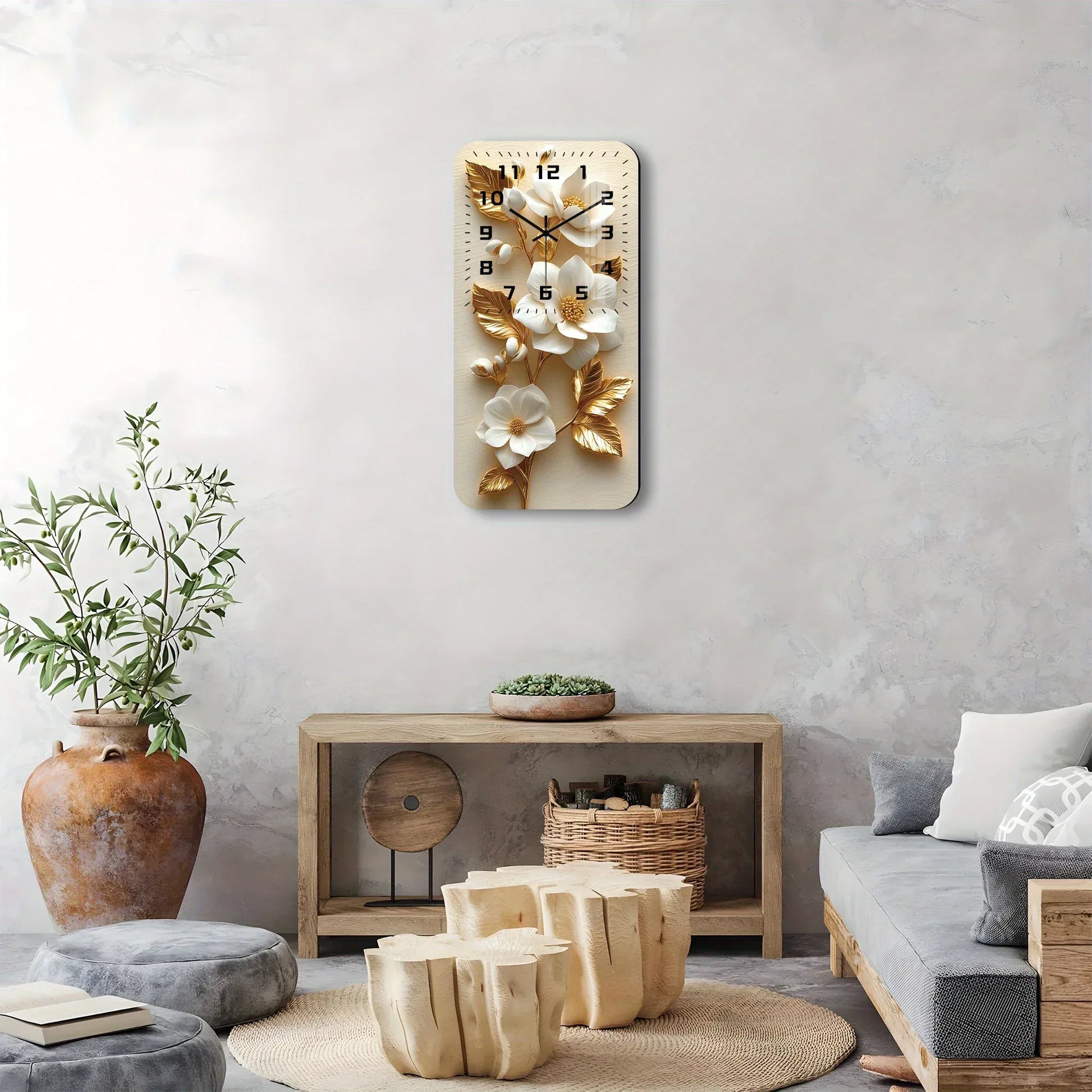 Wanduhr Holz mit Kristall - Weiße Magnolien & Goldene Blätter - Lautlos 19x38cm - FUXLShop