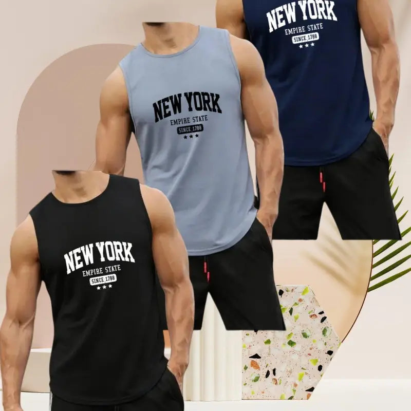 Herren tank top 3er pack in schwarz, hellblau und marineblau mit atmungsaktivem material und new york print