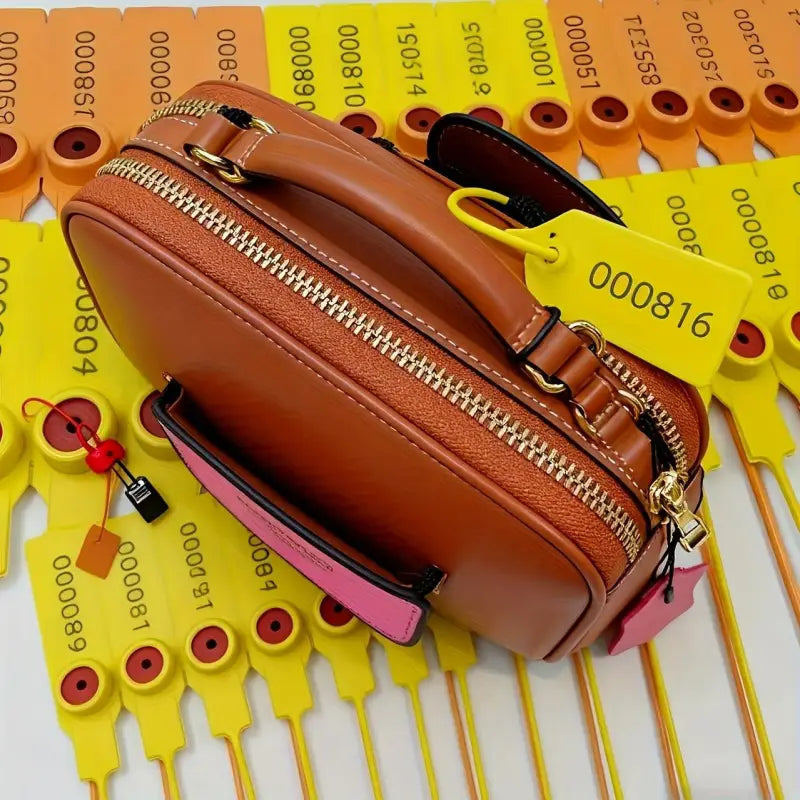 Braune lederhandtasche mit goldfarbenen reißverschlüssen und pinkem innenfutter sicherheitsplomben selbstsichernd online bestellen geschenkideen
