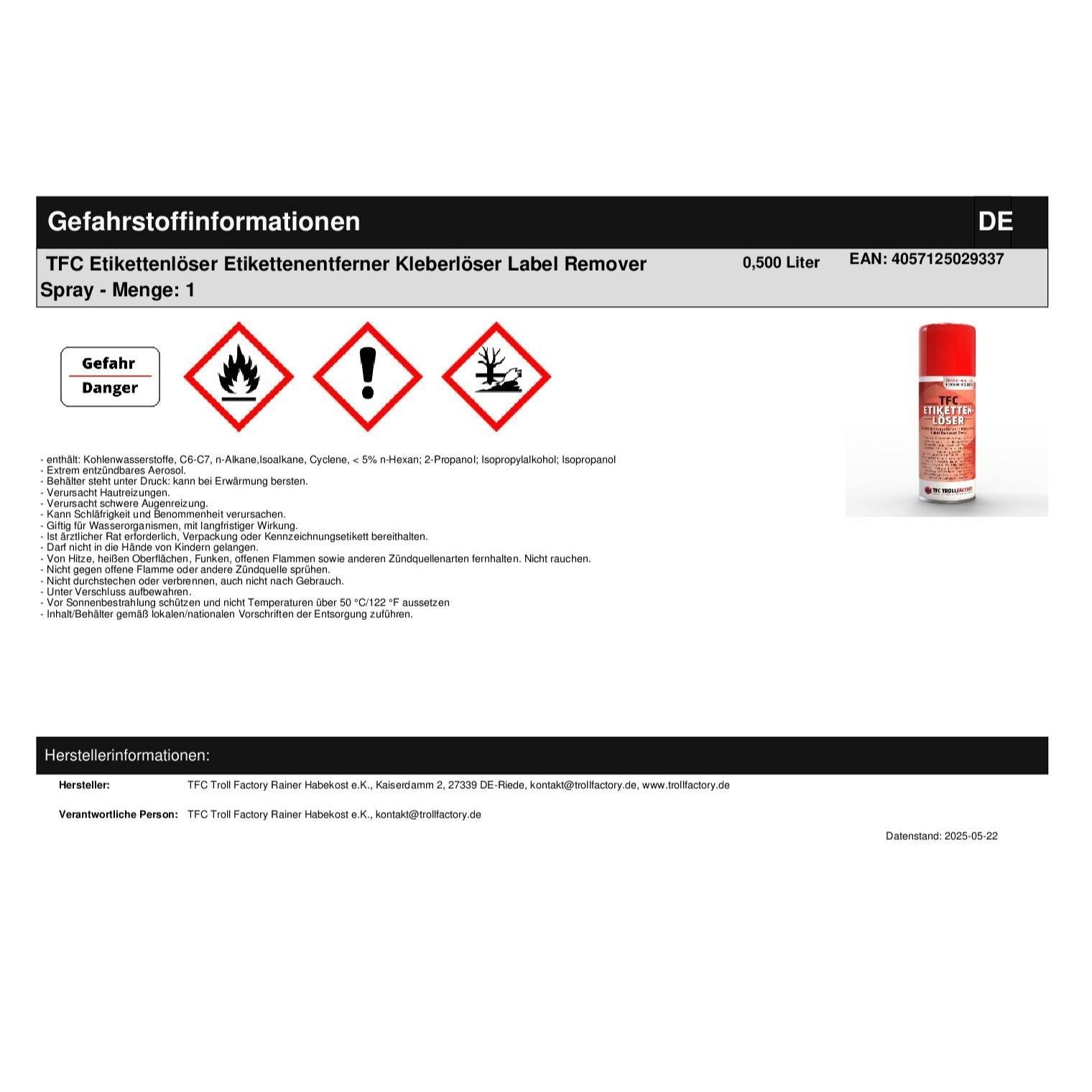 TFC Etikettenentferner Spray 500 ml – Klebstoff- & Aufkleberentferner für Glas, Metall, Kunststoff