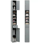 Schmaler badezimmerschrank 20x20x180 cm aus grauem metall mit türen, schublade und regalböden für badezimmer oder waschküche