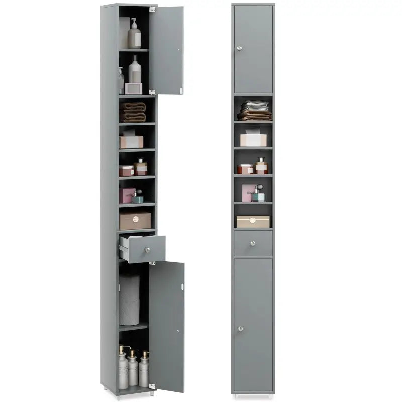 Schmaler badezimmerschrank 20x20x180 cm aus grauem metall mit türen, schublade und regalböden für badezimmer oder waschküche