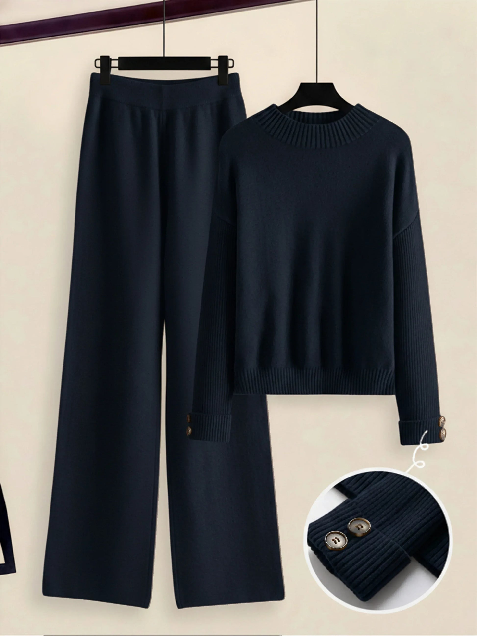 Damen Zweiteiler-Set mit Seitenstreifen – Rundhals Pullover & Gerade Hose, Weiche Freizeitkleidung für Herbst & Winter - FUXLShop