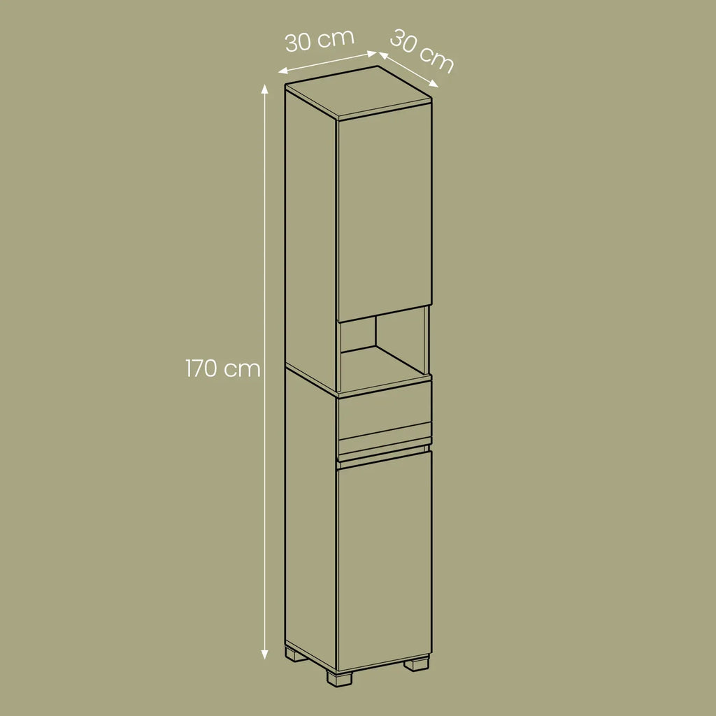 Badezimmerschrank 30x30x170 cm – Modernes Badmöbel mit Schublade, verstellbaren Regalen & offenem Fach - FUXLShop