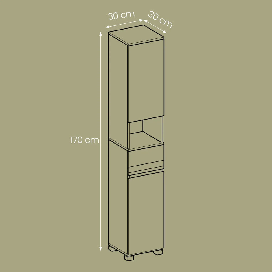 Badezimmerschrank 30x30x170 cm – Modernes Badmöbel mit Schublade, verstellbaren Regalen & offenem Fach - FUXLShop
